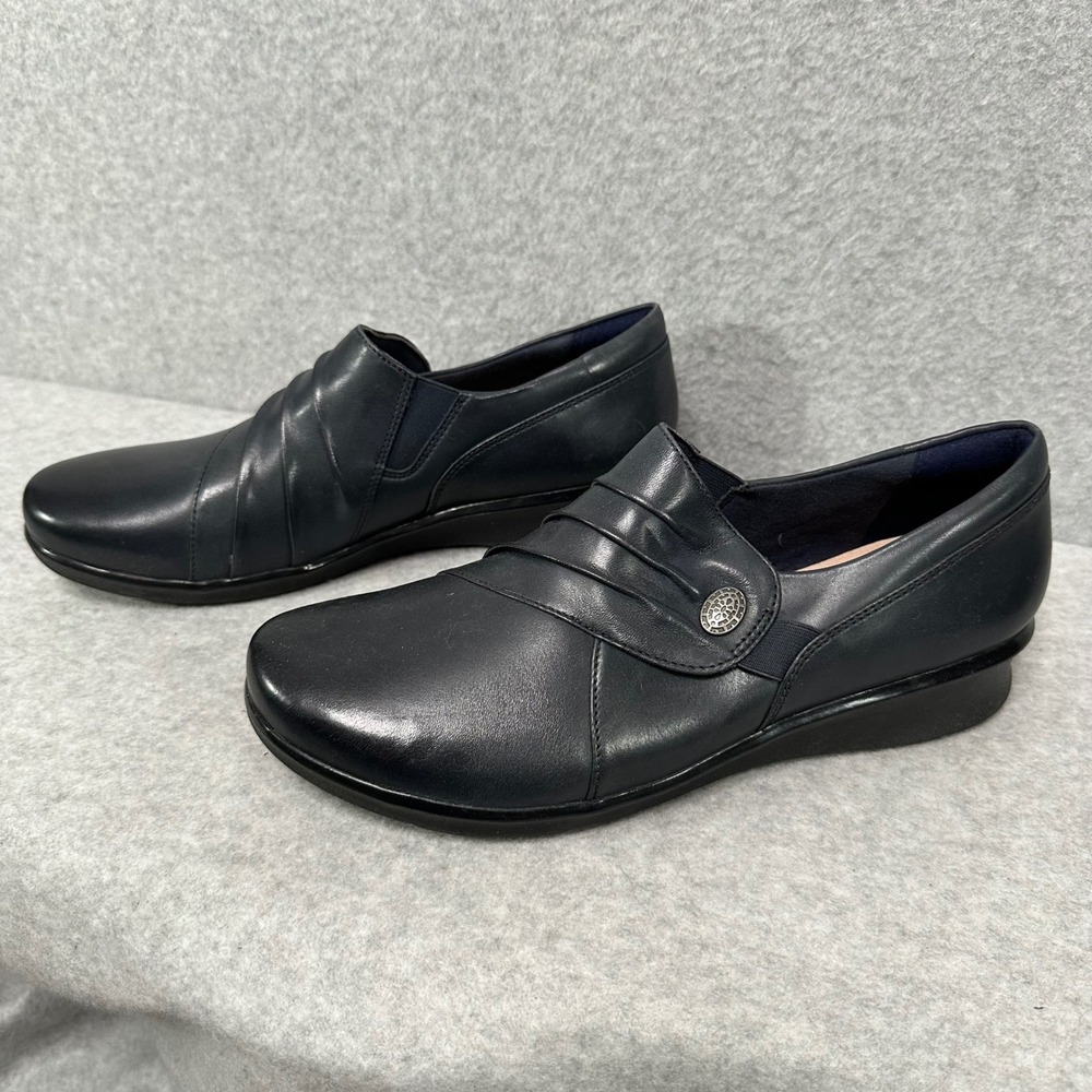 Clarks Collection Navy Leather Pleated Slip On Loafers Ultimate Comfort‎ 9.5 M